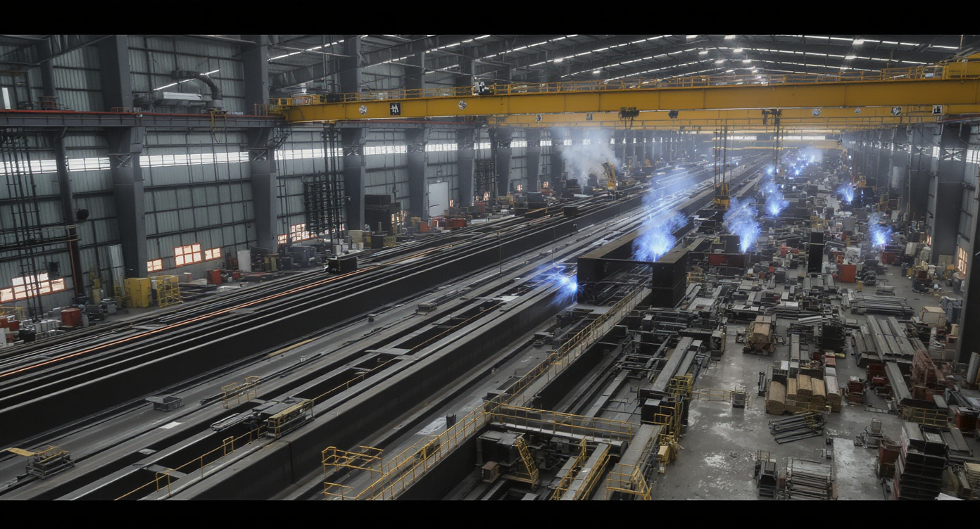 Structural steel fabrication shop floor