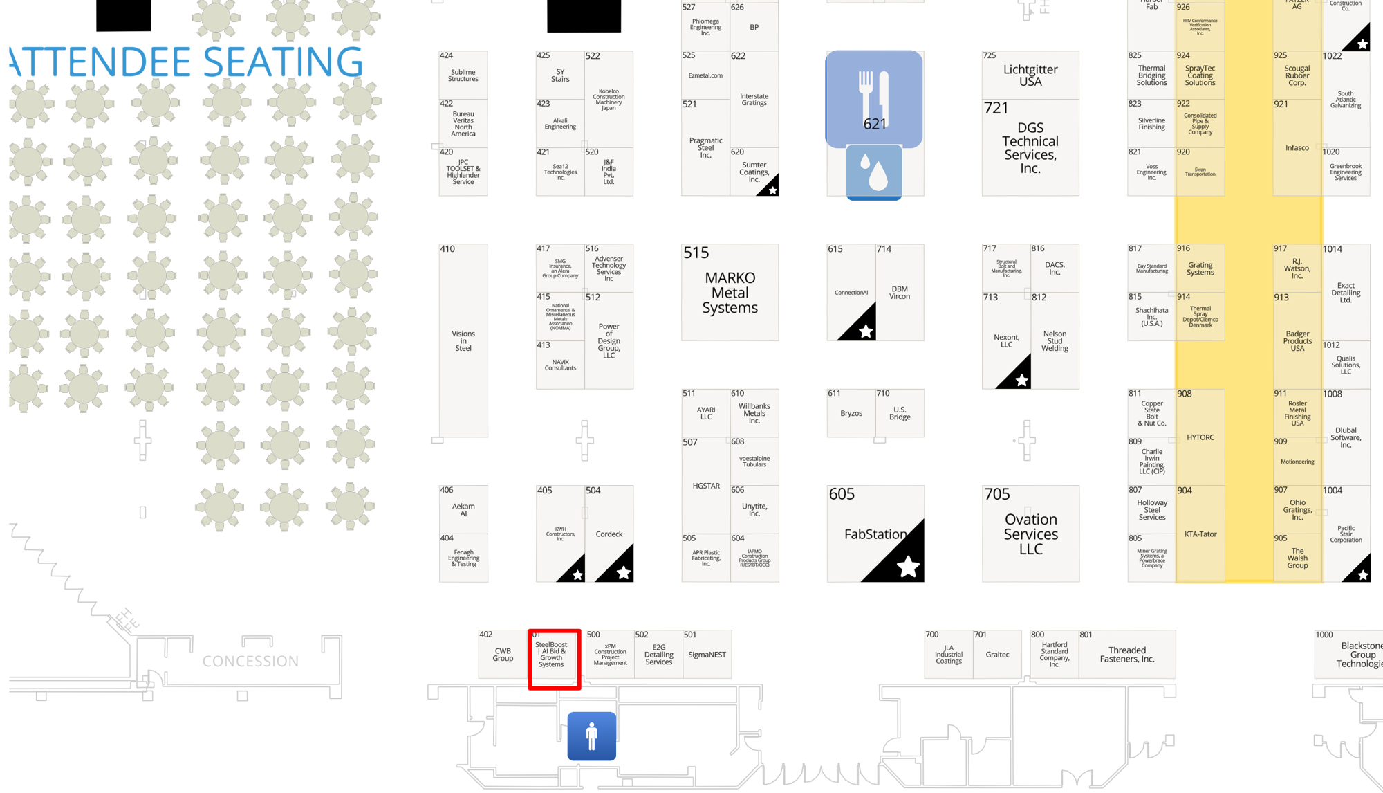 NASCC 2026 floor plan showing SteelBoost at Booth 401